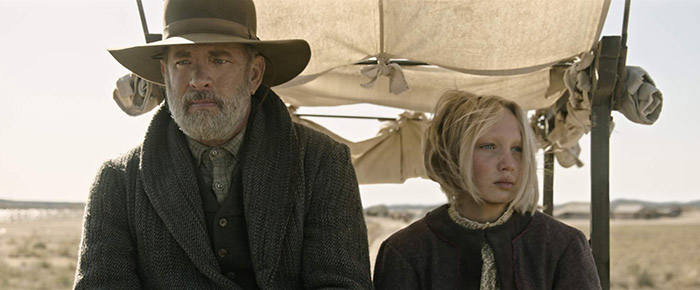 (from left) Captain Jefferson Kyle Kidd (Tom Hanks) and Johanna Leonberger (Helena Zengel) in News of the World, co-written and directed by Paul Greengrass.