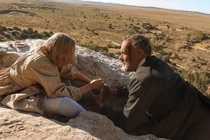 (from left) Johanna Leonberger (Helena Zengel) and Captain Jefferson Kyle Kidd (Tom Hanks) in News of the World, co-written and directed by Paul Greengrass.