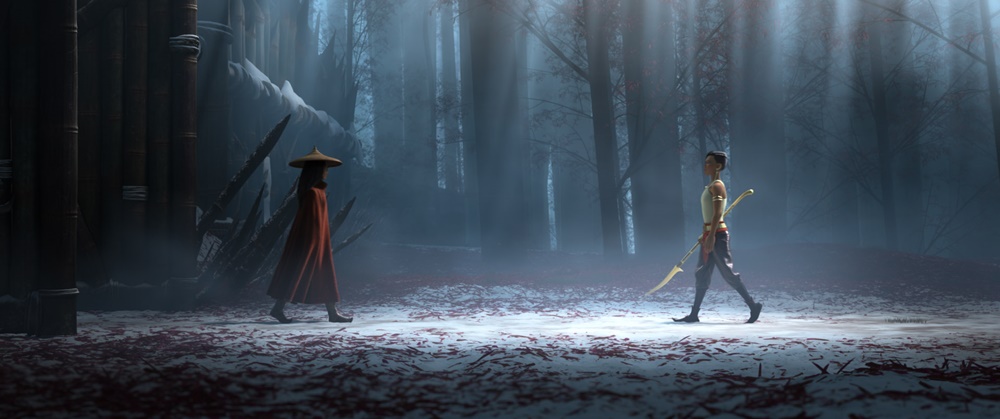 Raya and her nemesis, Namaari, face off amid the snowy mountains of Spine. Featuring Kelly Marie Tran as the voice of Raya and Gemma Chan as the voice of Namaari, Walt Disney Animation Studios’ “Raya and the Last Dragon” will be in theaters and on Disney+ with Premier Access on March 5, 2021. © 2021 Disney. All Rights Reserved.