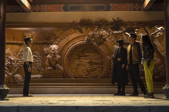(L-R): Wenwu (Tony Leung), Xialing (Meng’er Zhang), Shang-Chi (Simu Liu) and Katy (Awkwafina) in Marvel Studios' SHANG-CHI AND THE LEGEND OF THE TEN RINGS. Photo by Jasin Boland. ©Marvel Studios 2021. All Rights Reserved.