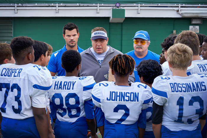 Home Team (L-R) Jacob Perez as Marcos, Taylor Lautner as Troy Lambert, Christopher Farrar as Jason, Kevin James as Sean Payton, Gary Valentine as Mitch Bizone, Manny Magnus as Harlan, Tait Blum as Connor. Cr. Scott Yamano/Netflix