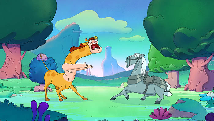 CENTAURWORLD Season 1 (L to R) JOSH RADNOR as DURPLETON and KIMIKO GLENN as HORSE in episode 1 of CENTAURWORLD Season 1. Cr. COURTESY OF NETFLIX © 2021
