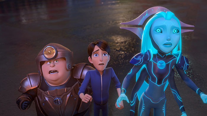 Trollhunters: Rise Of The Titans - (L-R) Toby (voiced by Charlie Saxton),  Jim (voiced by Emile Hirsch) and Aja (voiced by Tatiana Maslany). Cr: DreamWorks Animation © 2021