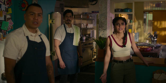 Gentefied Season 2 (L-R).  JJ Soria as Erik, Carlos Santos as Chris, Karrie Martin as Ana. in Gentefied Season 2. COURTESY OF NETFLIX/Netflix © 2021