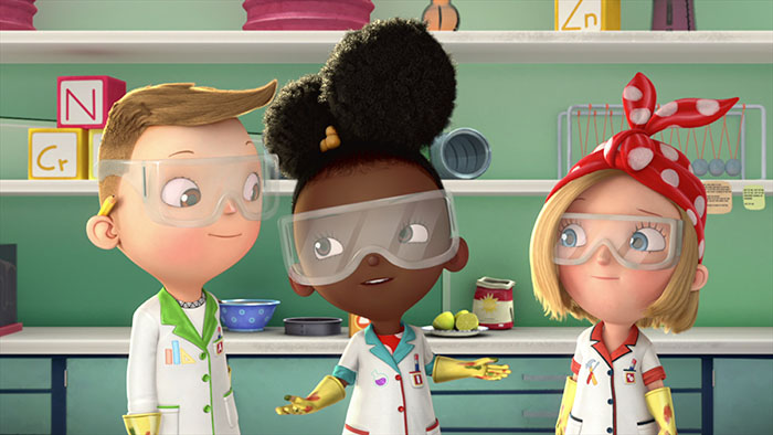 ADA TWIST, SCIENTIST (L to R) NICHOLAS CROVETTI as IGGY PECK, AMANDA CHRISTINE as ADA TWIST, and CANDACE KOZAK as ROSIE REVERE in episode 103 of ADA TWIST, SCIENTIST. Cr. COURTESY OF NETFLIX © 2021