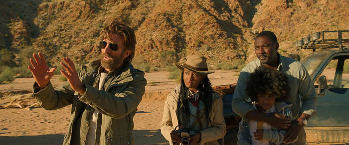 (from left) Martin Battles (Sharlto Copley), Meredith Samuels (Iyana Halley), Dr. Nate Samuels (Idris Elba) and Norah Samuels (Leah Jeffries) in Beast, directed by Baltasar Kormákur.