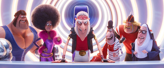 (from left) Stronghold (Danny Trejo), Belle Bottom (Taraji P. Henson), Wild Knuckles (Alan Arkin), Jean Clawed (Jean-Claude Van Damme), Svengeance (Dolph Lundgren) and Nunchuck (Lucy Lawless) in Illumination's Minions: The Rise of Gru, directed by Kyle Balda.