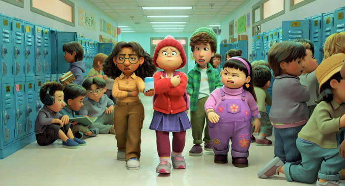 MIDDLE SCHOOL MAYHEM – In Disney and Pixar’s all-new original feature film “Turning Red,” 13-year-old Mei Lee, a confident-but-dorky teenager, is surviving the mayhem of middle school with a little help from her tightknit group of friends. Featuring the voices of (from left to right) Maitreyi Ramakrishnan as Priya, Rosalie Chiang as Mei, Ava Morse as Miriam, and Hyein Park as Abby, “Turning Red” opens in theaters on March 11, 2022. © 2021 Disney/Pixar. All Rights Reserved.