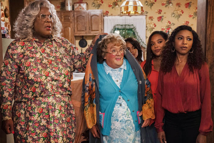 A Madea Homecoming (2022), L to R: Tyler Perry as Madea, Brendan O’Carroll as Agnes Brown, Geneva Maccarone as Sylvia, Candace Maxwell as Ellie, and Gabrielle Dennis as Laura. Cr. Steve Dietl / Tyler Perry Studios