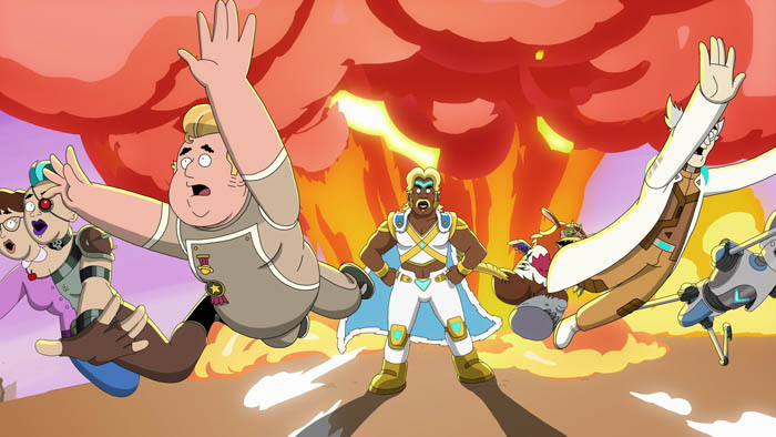 Farzar (L to R) Kari Wahlgren as Mal and Val, Dana Snyder as Fichael, Lance Reddick as Renzo, David Kaye as Barry and Jerry Minor as Scootie in Farzar. Cr. COURTESY OF NETFLIX © 2022