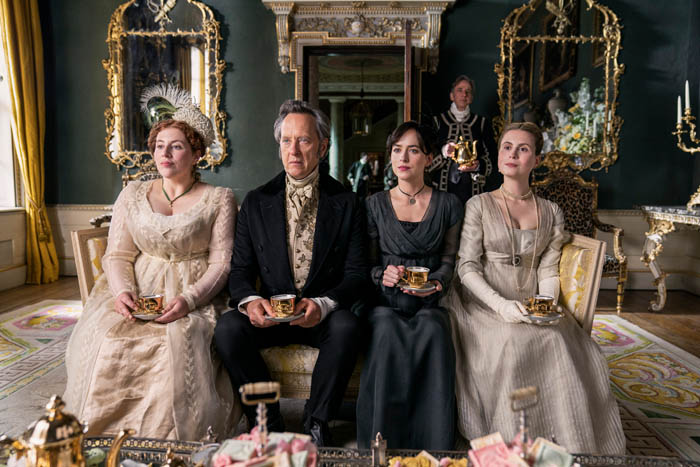 Persuasion. (L to R) Lydia Rose Bewley as Penelope Clay, Richard E. Grant as Sir Walter Elliot, Dakota Johnson as Anne Elliot, Yolanda Kettle as Elizabeth Elliot in Persuasion. Cr. Nick Wall/Netflix © 2022