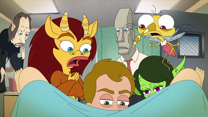 HUMAN RESOURCES. (L to R) David Thewlis as Shame Wizard, Maya Rudolph as Connie the Hormone Monstress, Mike Birbiglia as Barry, Randall Park as Pete the Logic Rock, Rosie Perez as Petra the Ambition Goblin, and Maria Bamford as Tito the Anxiety Mosquito in HUMAN RESOURCES. Cr. Courtesy of Netflix © 2022