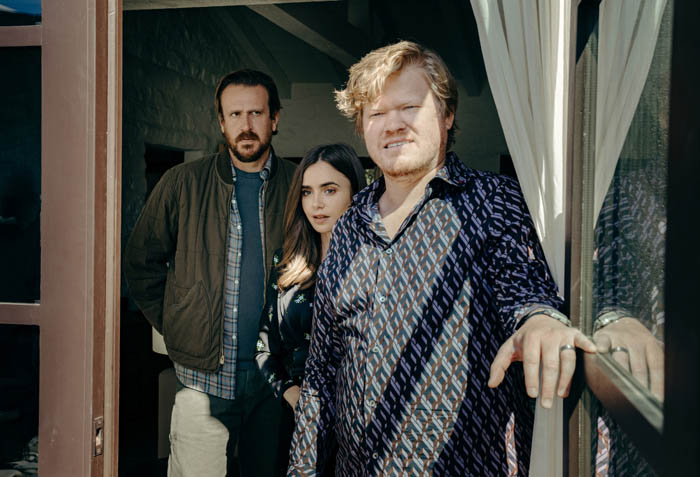 WINDFALL - (L-R) LILY COLLINS as WIFE, JESSE PLEMONS as CEO and JASON SEGEL as NOBODY. Cr: Netflix © 2022 