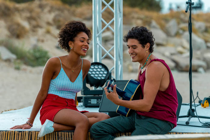 Summertime. (L to R) Rebecca Coco Edogamhe as Summer, Cristiano Caccamo as Luca in episode 303 of Summertime. Cr. Stefania Rosini/Netflix © 2022