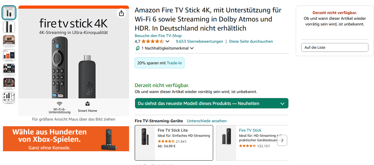 Fire TV Stick 4K nicht verfuegbar